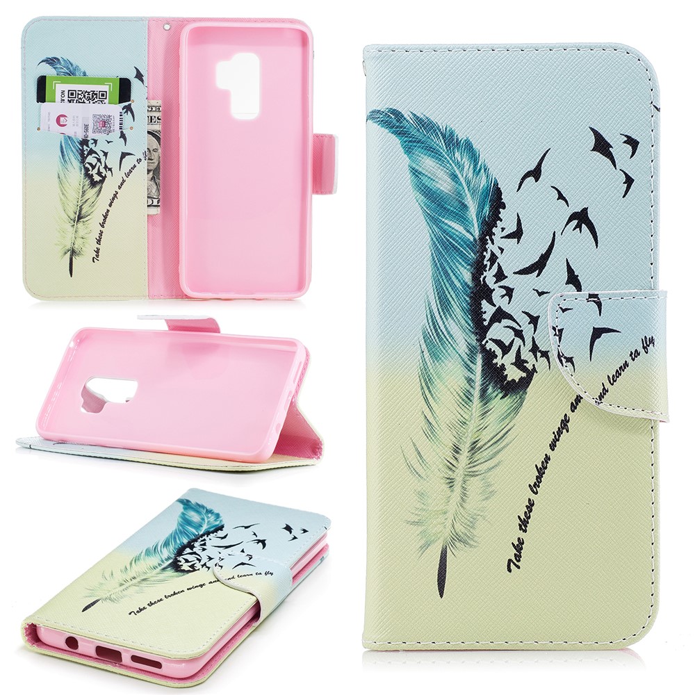 Pattern Printing PU Leather Wallet Stand Mobile Shell for Samsung Galaxy S9 Plus G965 - Feather and Birds-1