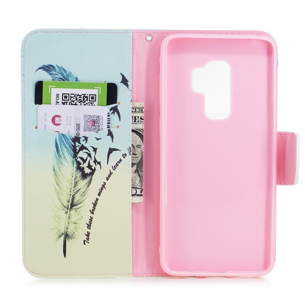 Pattern Printing PU Leather Wallet Stand Mobile Shell for Samsung Galaxy S9 Plus G965 - Feather and Birds-8