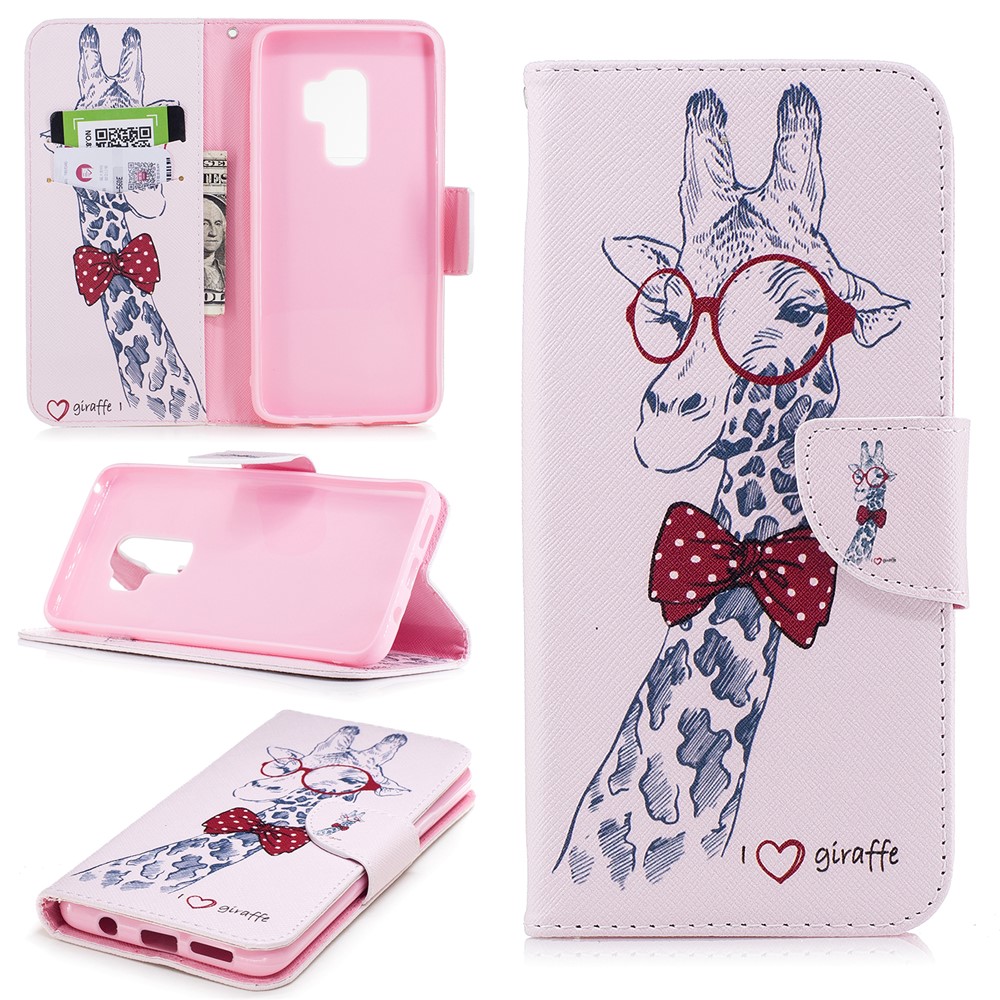 Pattern Printing Wallet Stand Leather Mobile Phone Case for Samsung Galaxy S9 Plus - Giraffe Wearing Glasses-1