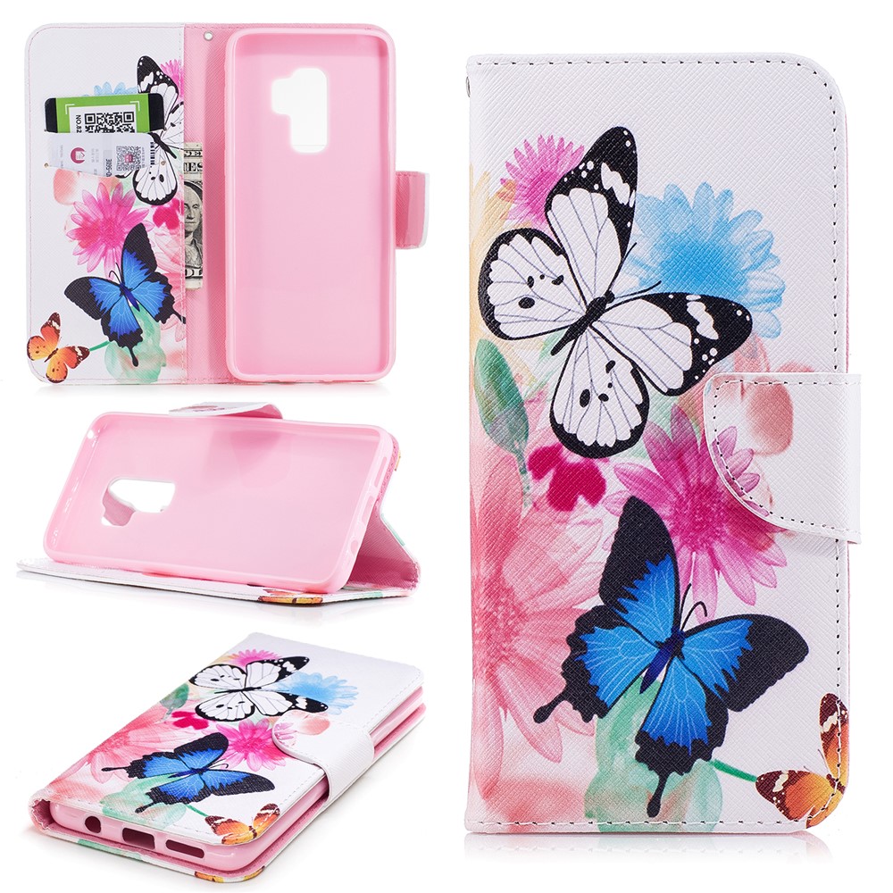 Pattern Printing Wallet Stand Leather Mobile Phone Cover for Samsung Galaxy S9 Plus - Butterfly and Flower-1