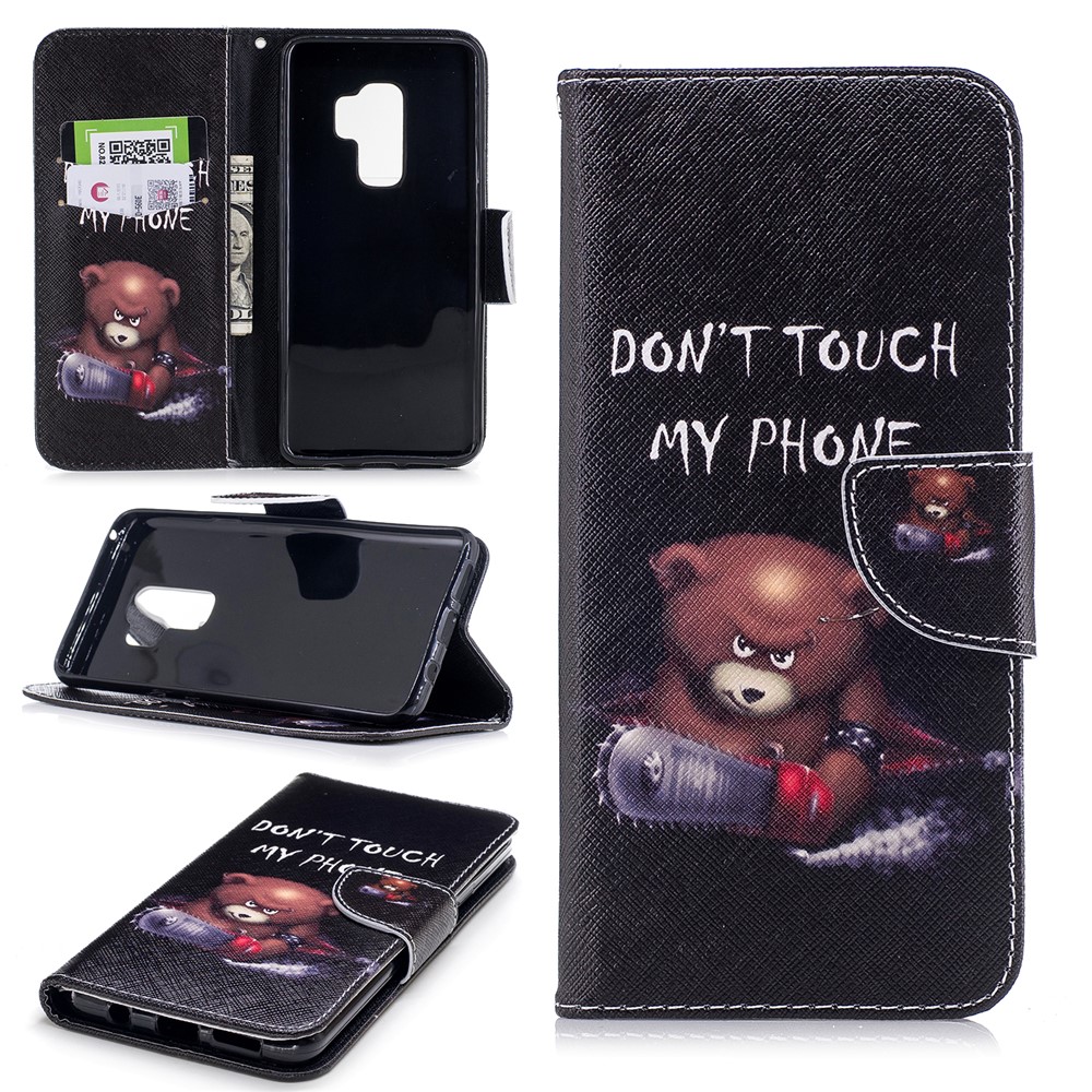 Patrón De La Impresión De La Cartera Soporte De Cuero Del Teléfono Móvil Shell Para Samsung Galaxy S9 Plus - Oso Pardo Y Palabras De Advertencia-1