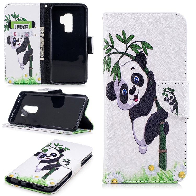 Patterned PU Leather Wallet Stand Phone Case for Samsung Galaxy S9 Plus - Panda Climbing on Bamboo-1