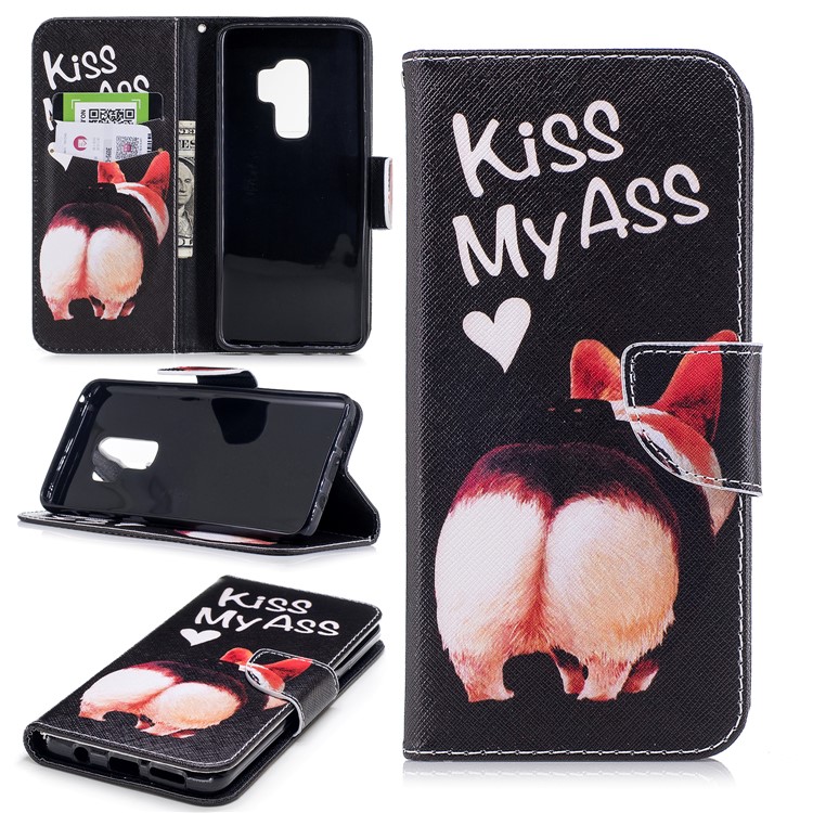 Wallet Stand Patterned Leather Mobile Case for Samsung Galaxy S9 Plus G965 - Kiss My Ass-1