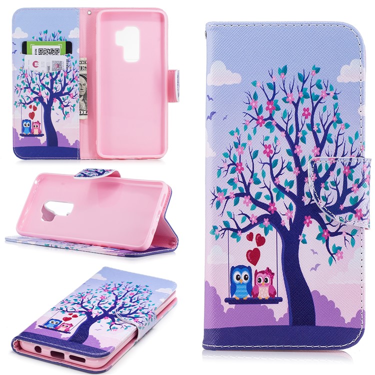 Patterned Leather Wallet Stand Cover Case for Samsung Galaxy S9 Plus G965 - Owl Lover and Flowered Tree-1