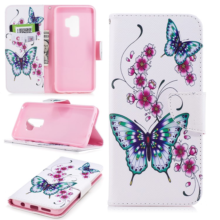 Pattern Printing Leather Wallet Stand Shell for Samsung Galaxy S9 Plus G965 - Flower and Butterfly-1