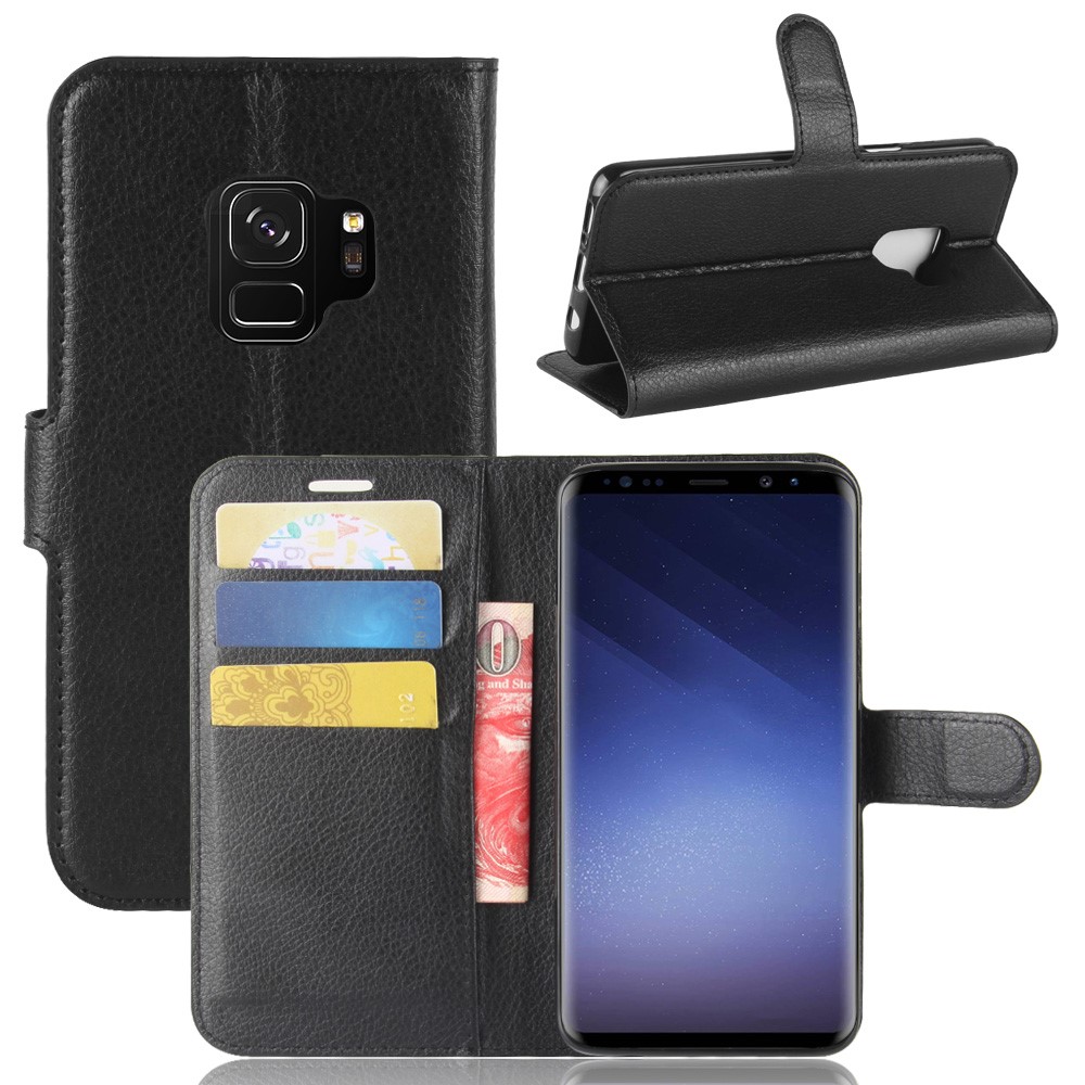 Litchi Skin PU Leather Wallet Stand Phone Shell for Samsung Galaxy S9 - Black-1
