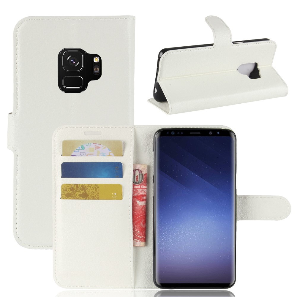 Litchi Skin PU Leather Wallet Stand Phone Case for Samsung Galaxy S9 G960 - White-1