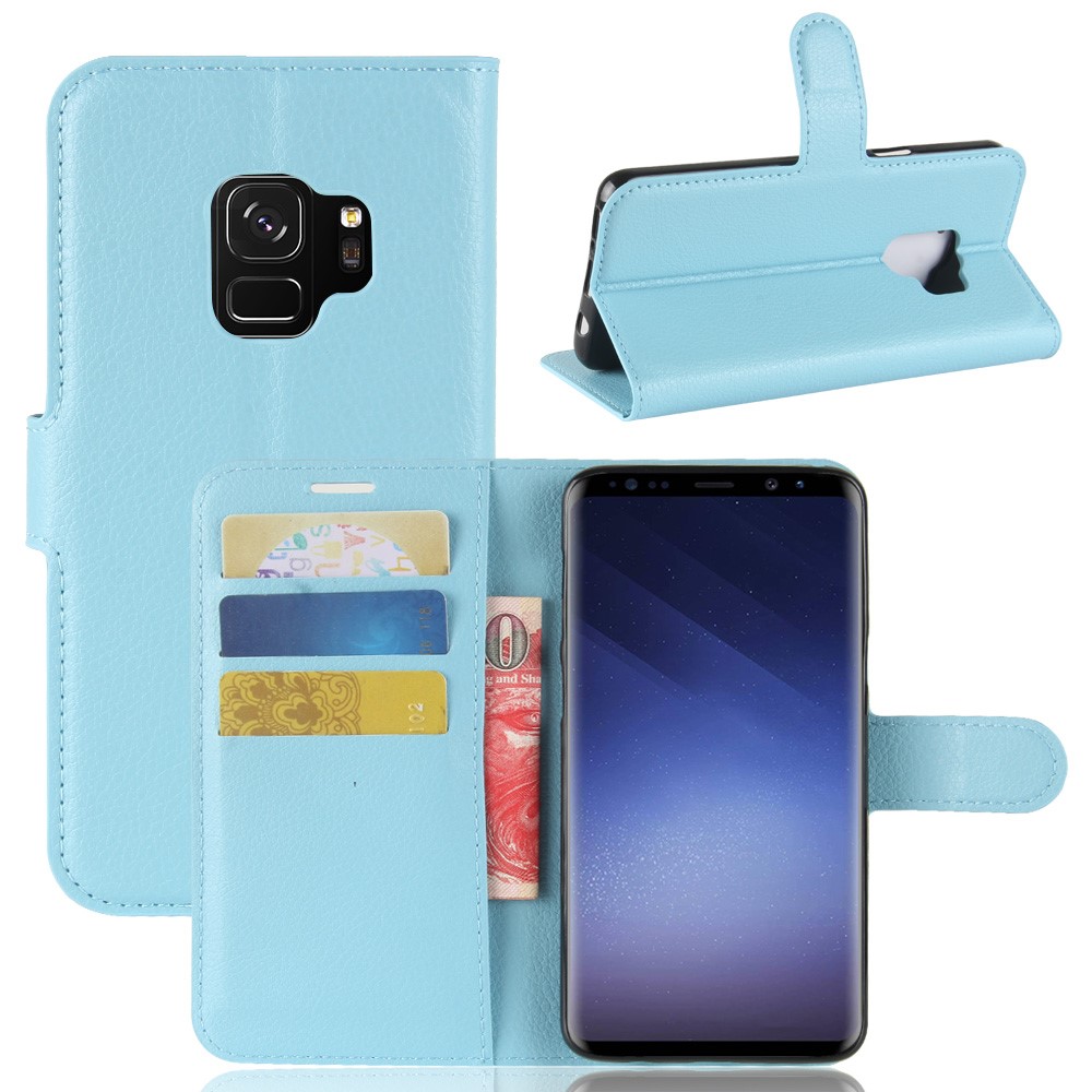 Litchi Skin PU Leather Wallet Stand Mobile Phone Cover for Samsung Galaxy S9 G960 - Blue-1