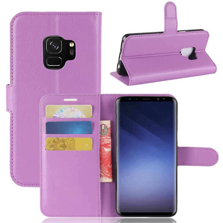 Litchi Skin PU Leather Wallet Stand Cell Phone Cover for Samsung Galaxy S9 G960 - Purple-1