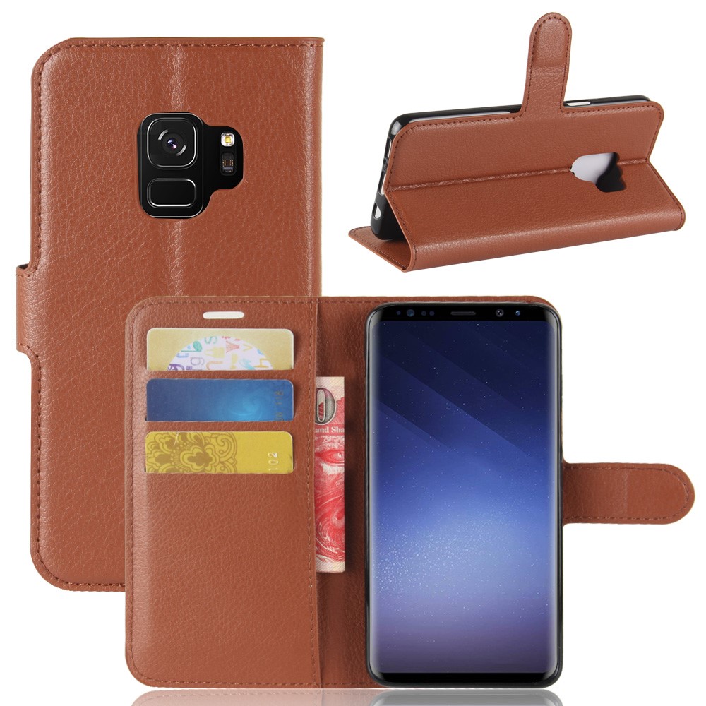 Litchi Skin PU Leather Wallet Stand Back Shell for Samsung Galaxy S9 - Brown-1