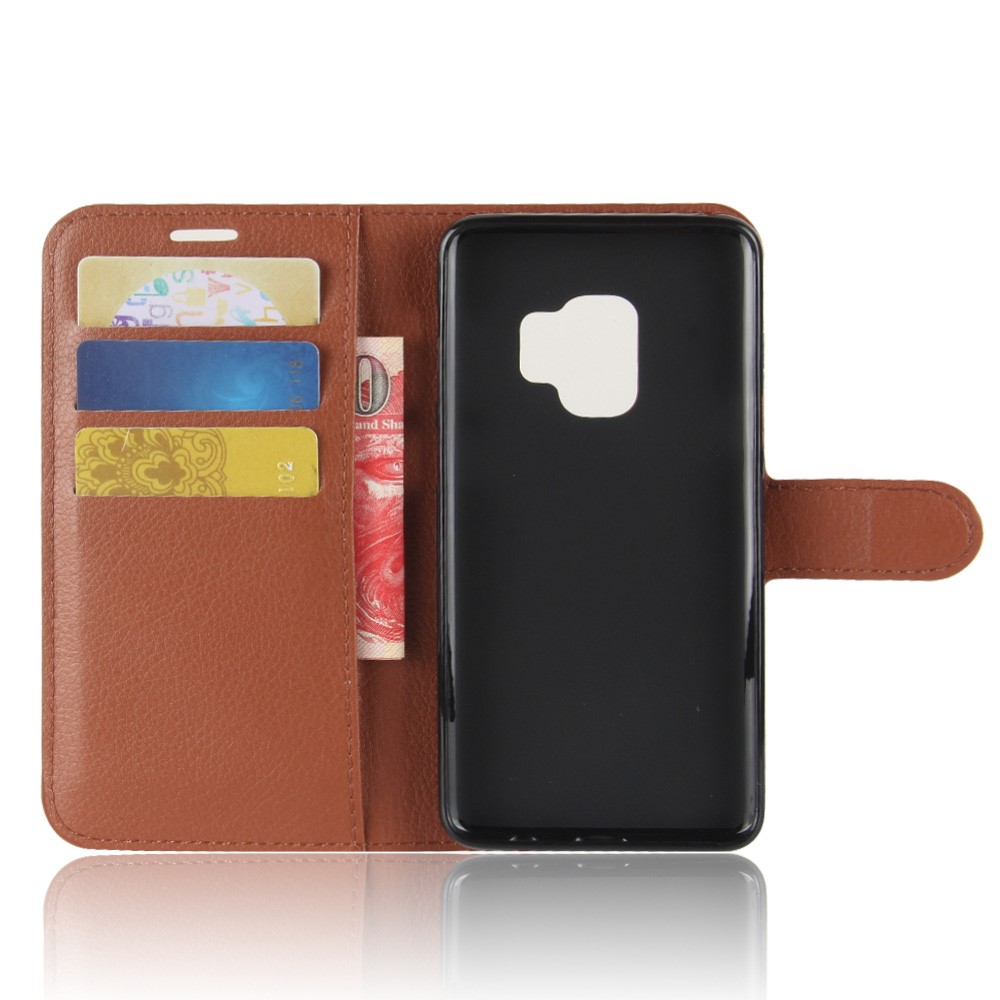 Litchi Skin PU Leather Wallet Stand Back Shell for Samsung Galaxy S9 - Brown-3