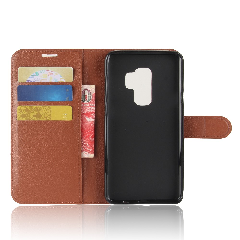 Litchi Skin Magnetic Leather Stand Tampo Para Samsung Galaxy S9+ G965 Caixa de Telefone da Carteira - Castanho-3