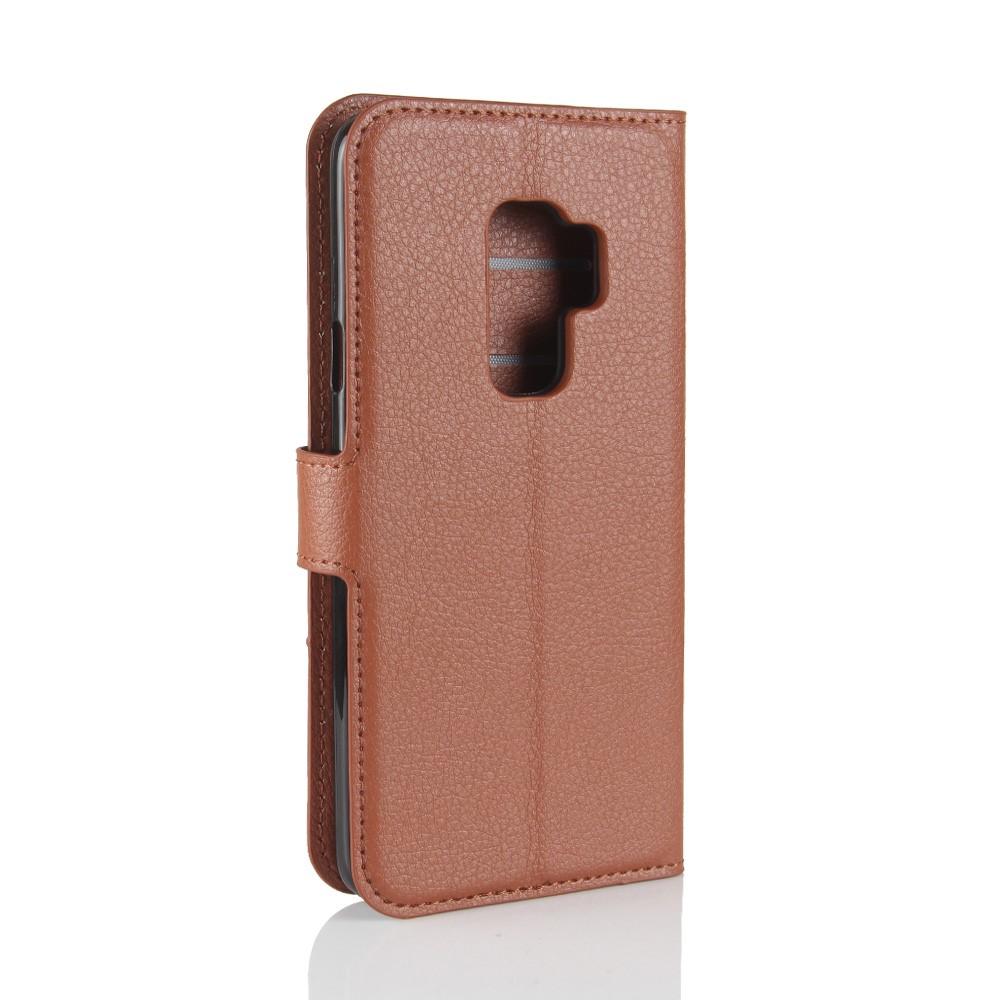 Litchi Skin Magnetic Leather Stand Tampo Para Samsung Galaxy S9+ G965 Caixa de Telefone da Carteira - Castanho