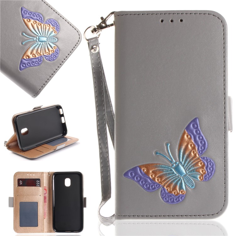 Butterfly Pattern Leather Wallet Cover for Samsung Galaxy J3 Pro (2017) / J3 (2017) EU Version - Grey-1
