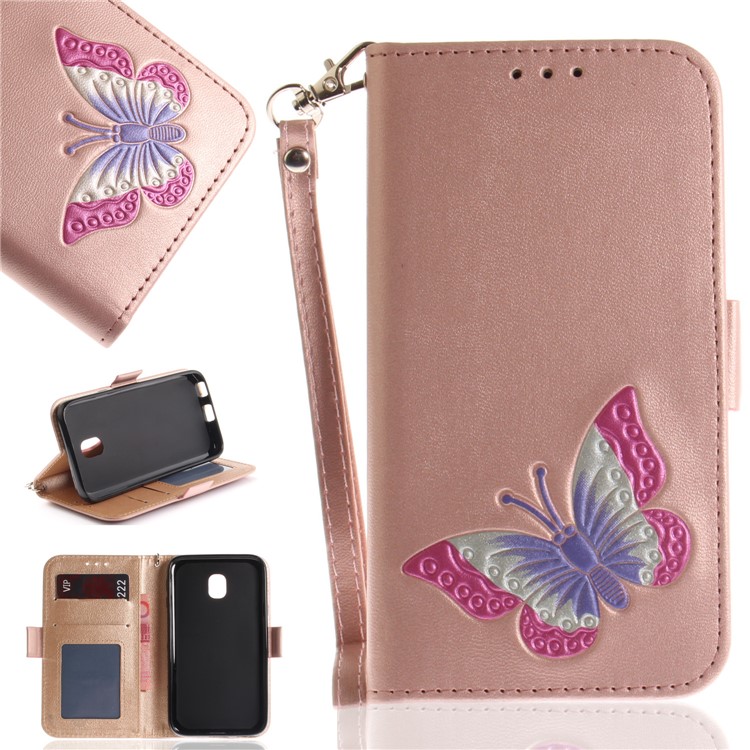 Butterfly Pattern Cell Phone Leather Wallet Case for Samsung Galaxy J3 Pro (2017) / J3 (2017) EU Version - Rose Gold-1