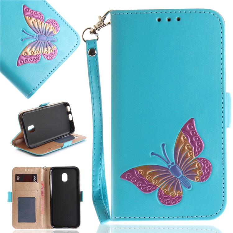 Butterfly Pattern Stand Leather Wallet Case for Samsung Galaxy J3 Pro (2017) / J3 (2017) EU Version - Blue-1