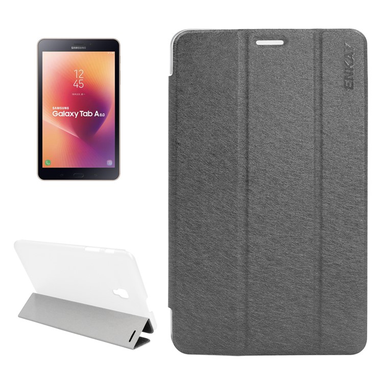 ENKAY Silk Texture Tri-fold Leather Smart Case with Stand for Samsung Galaxy Tab A 8.0 (2017) T380/T385 - Grey-1