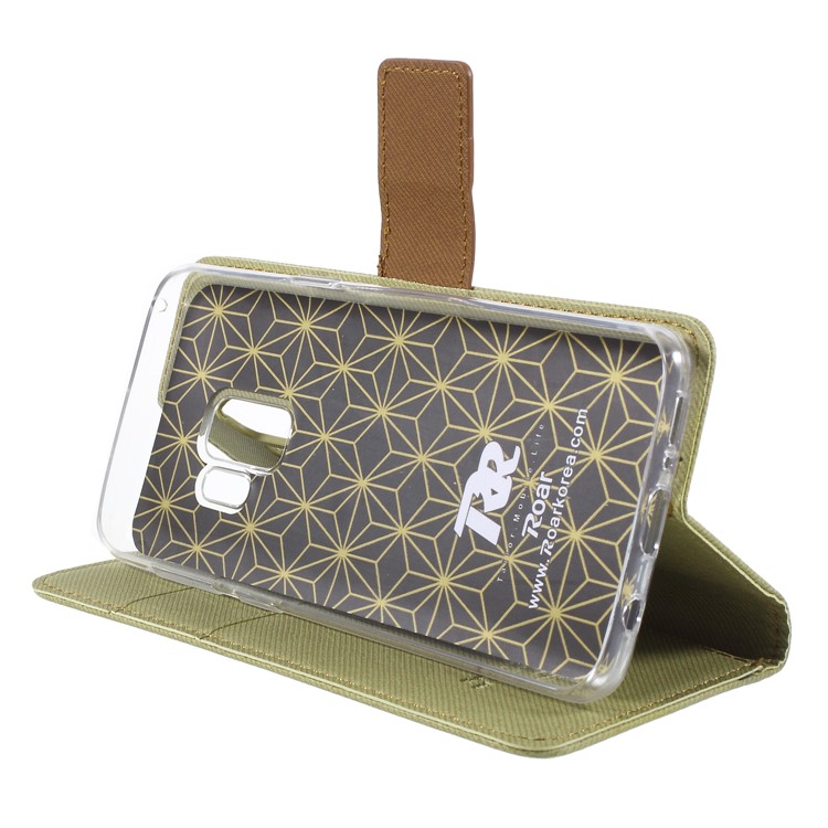 ROAR KOREA Twill Grain Wallet Stand Leather Folio Flip Case for Samsung Galaxy S9 - Khaki-4