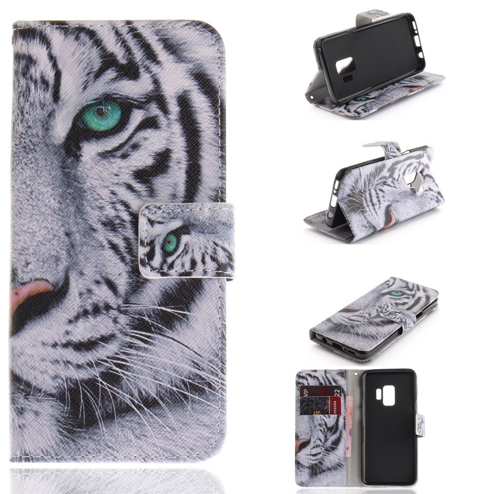 Patterned PU Leather Wallet Stand Protective Mobile Phone Shell for Samsung Galaxy S9 - Tiger-1