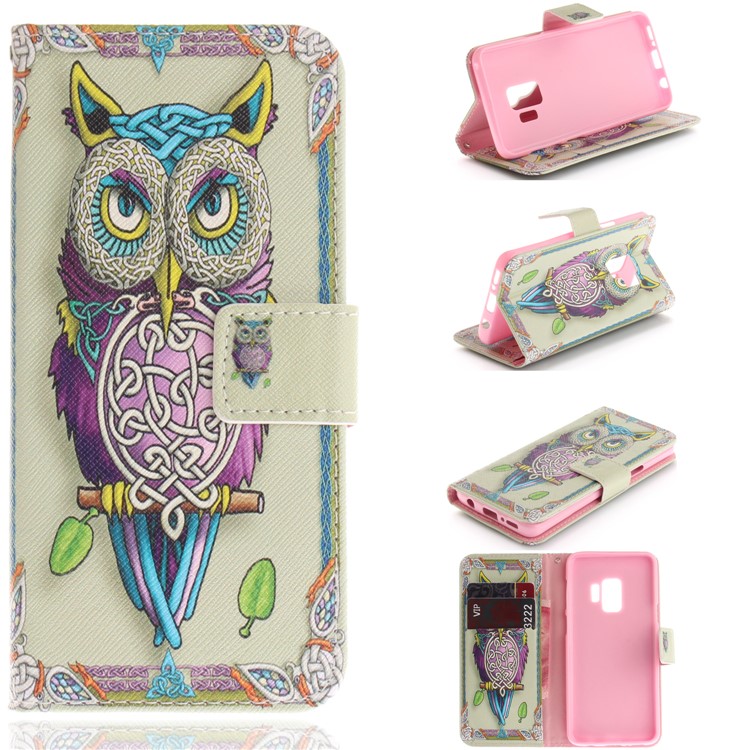Patterned PU Leather Wallet Stand Protective Cell Phone Cover for Samsung Galaxy S9 G960 - Owl-1