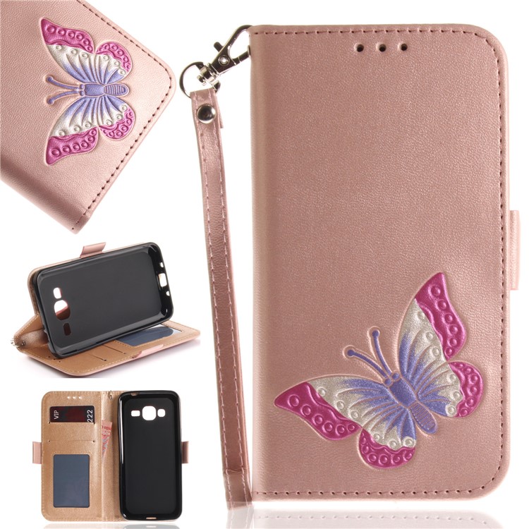 Butterfly Pattern Leather Wallet Stand Case for Samsung Galaxy J3 (2016) - Rose Gold-1