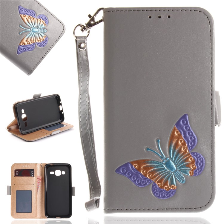 Schmetterling Muster Leder Brieftasche Stand Shell Für Samsung Galaxy J3 (2016) - Grau-1