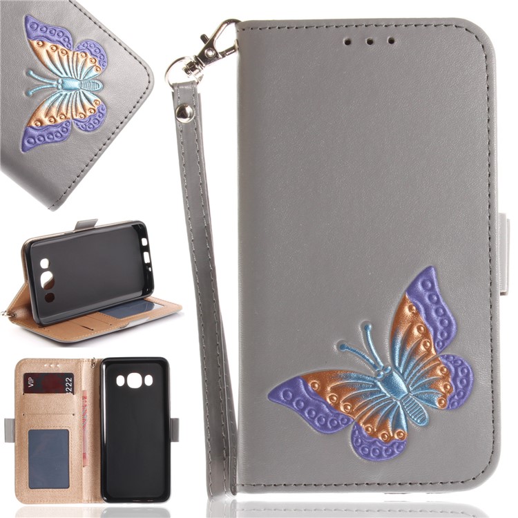 Butterfly Pattern Leather Wallet Stand Shell for Samsung Galaxy J5 (2016) - Grey-1