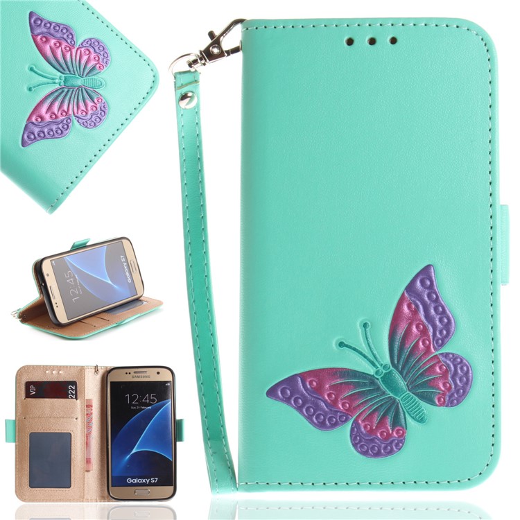 

Butterfly Pattern Leather Wallet Stand Accessory Cover for Samsung Galaxy S7 SM-G930 - Cyan