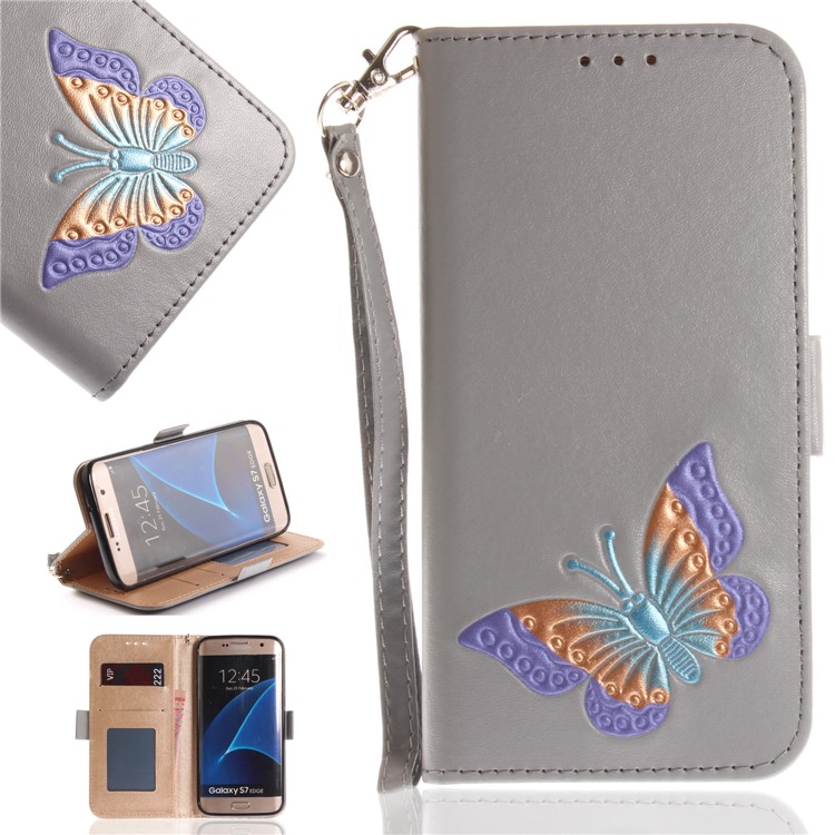 Butterfly Pattern Leather Wallet Protection Casing for Samsung Galaxy S7 edge G935 - Grey-1