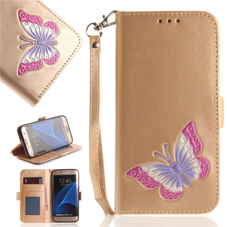 

Butterfly Pattern Leather Wallet Protection Casing Cover for Samsung Galaxy S7 edge G935 - Gold