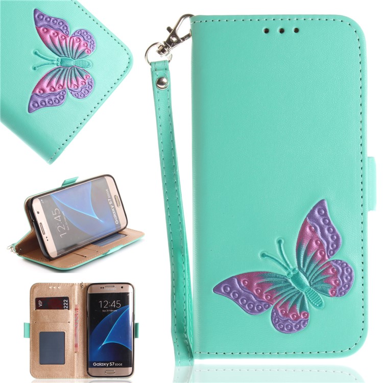 

Butterfly Pattern Leather Wallet Protection Mobile Case for Samsung Galaxy S7 edge G935 - Cyan