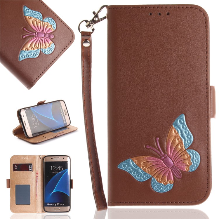 

Butterfly Pattern Leather Wallet Protection Mobile Shell for Samsung Galaxy S7 edge G935 - Brown