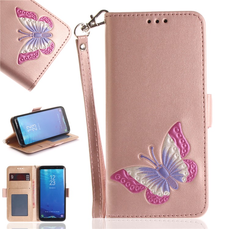 Butterfly Pattern Leather Wallet Stand Casing for Samsung Galaxy S8 SM-G950 - Rose Gold-1