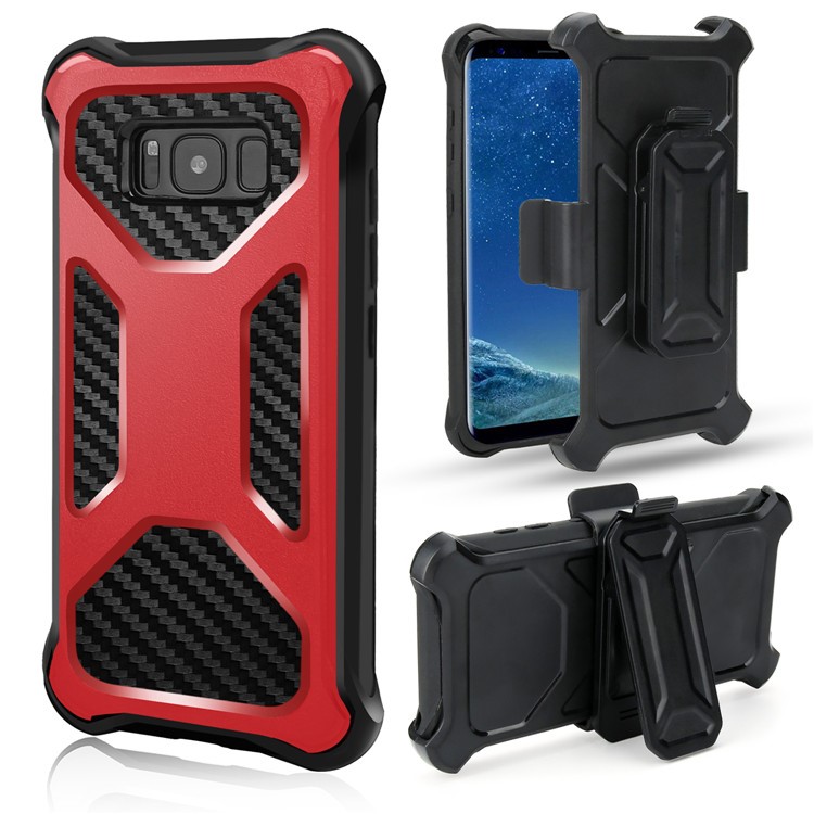 

Carbon Fiber Texture PC + TPU Kickstand Belt Clip Mobile Shell for Samsung Galaxy Note 8 N950 - Red