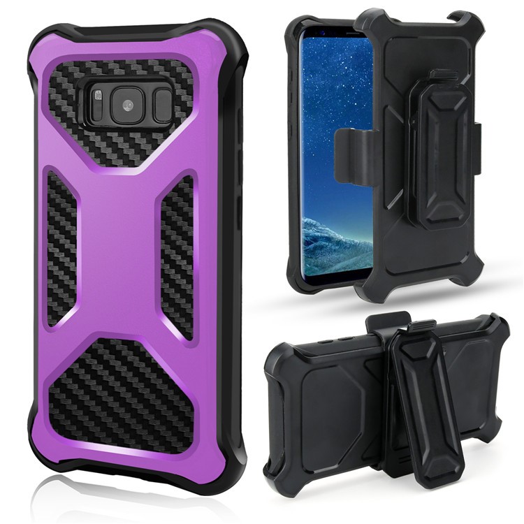 

Carbon Fiber Texture PC + TPU Kickstand Belt Clip Cell Phone Case for Samsung Galaxy Note 8 N950 - Purple
