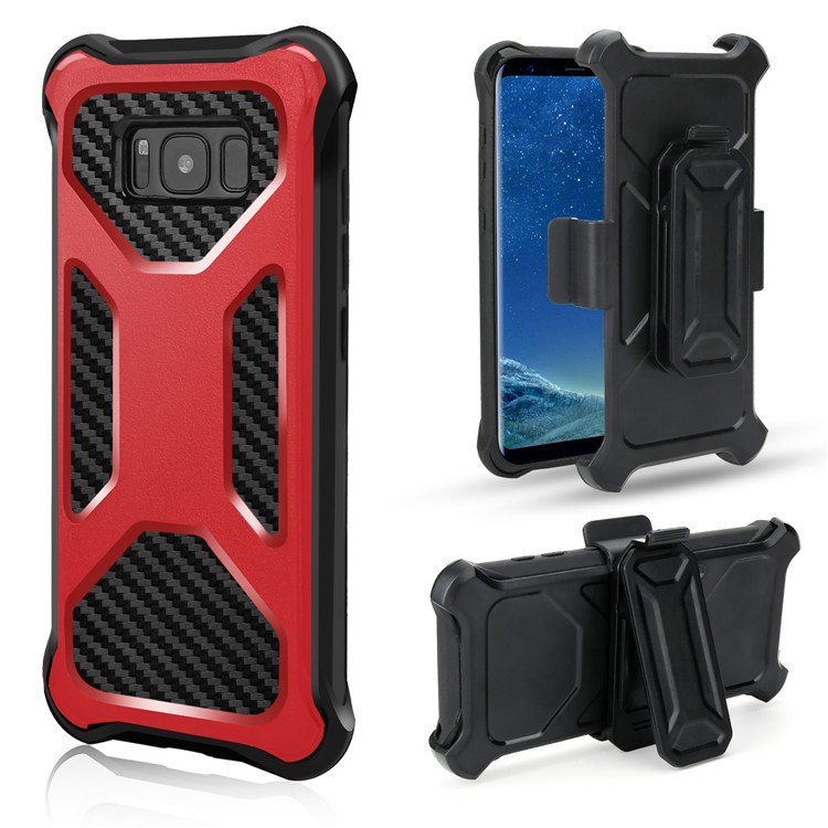 Heavy Duty Kickstand Belt Clip Carbon Fiber Texture PC + TPU Combo Case for Samsung Galaxy S8+ SM-G955 - Red-1