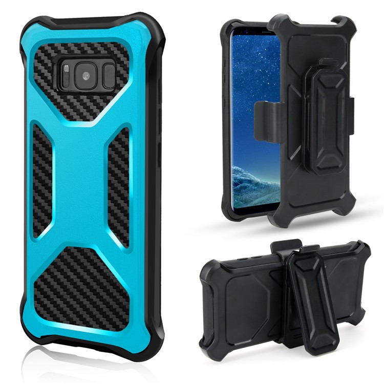 Heavy Duty Kickstand Belt Clip Carbon Fiber Texture PC + TPU Hybrid Cover for Samsung Galaxy S8+ SM-G955 - Baby Blue-1