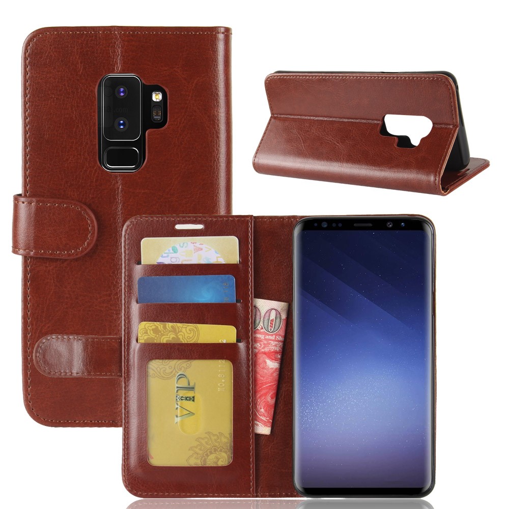 Crazy Horse Cell Phone Leather Wallet Case for Samsung Galaxy S9+ G965 - Brown-2