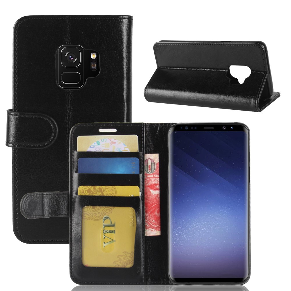 Crazy Horse Wallet Stand Case Для Samsung Galaxy S9 G960 - Черный