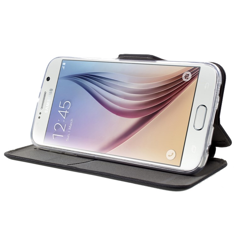 Twill Grain Leather Card Holder Stand Case for Samsung Galaxy S6 G920 - Black-5