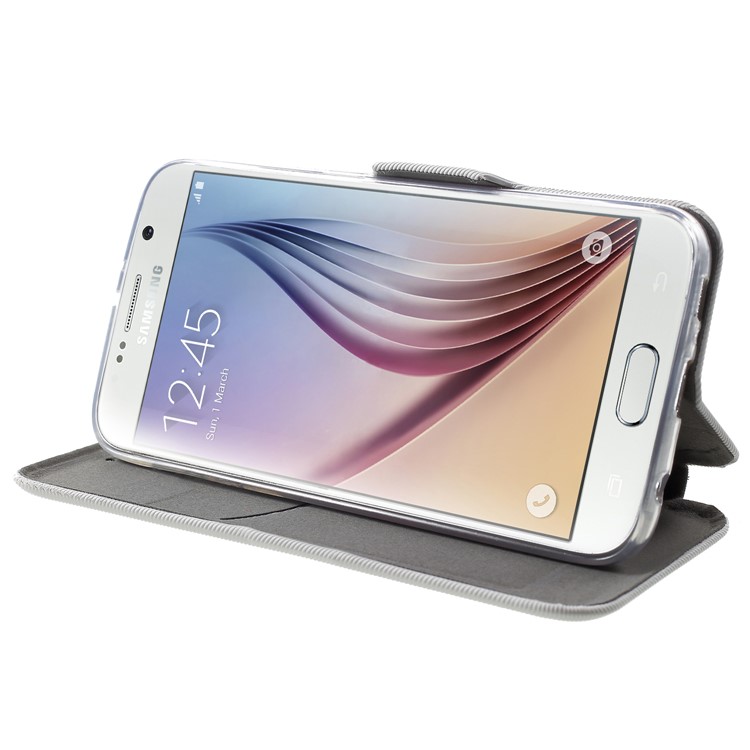 Twill Grain Leather Card Holder Stand Cover for Samsung Galaxy S6 G920 - White-4