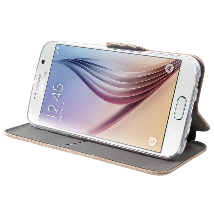 Twill Grain Leather Card Holder Stand Cell Phone Case for Samsung Galaxy S6 G920 - Gold-4