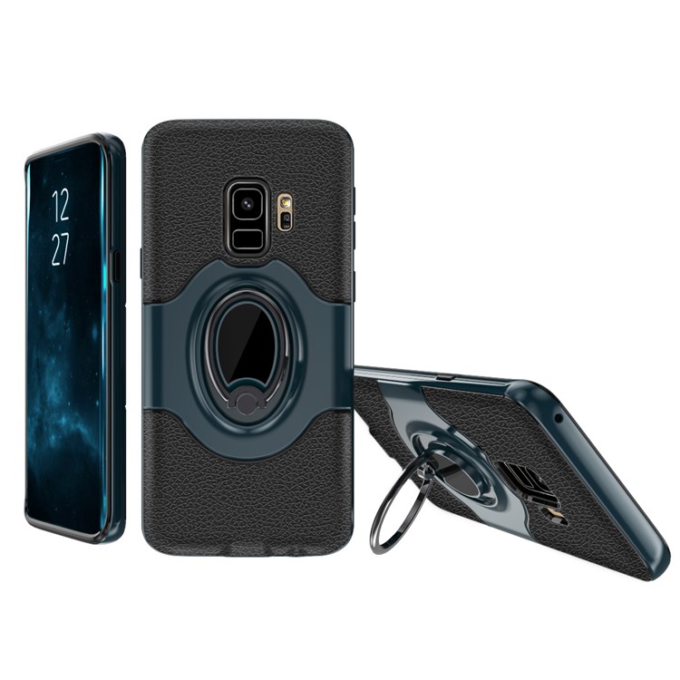 PC + TPU Combo Phone Shell Cover Case with Ring Holder Stand for Samsung Galaxy S9 - Dark Blue-1
