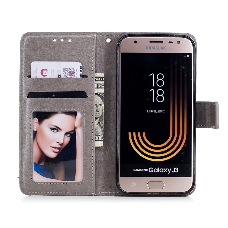 Imprint Flower Pattern Leather Wallet Phone Case for Samsung Galaxy J3 (2017) EU Version / J3 Pro (2017) - Grey-7