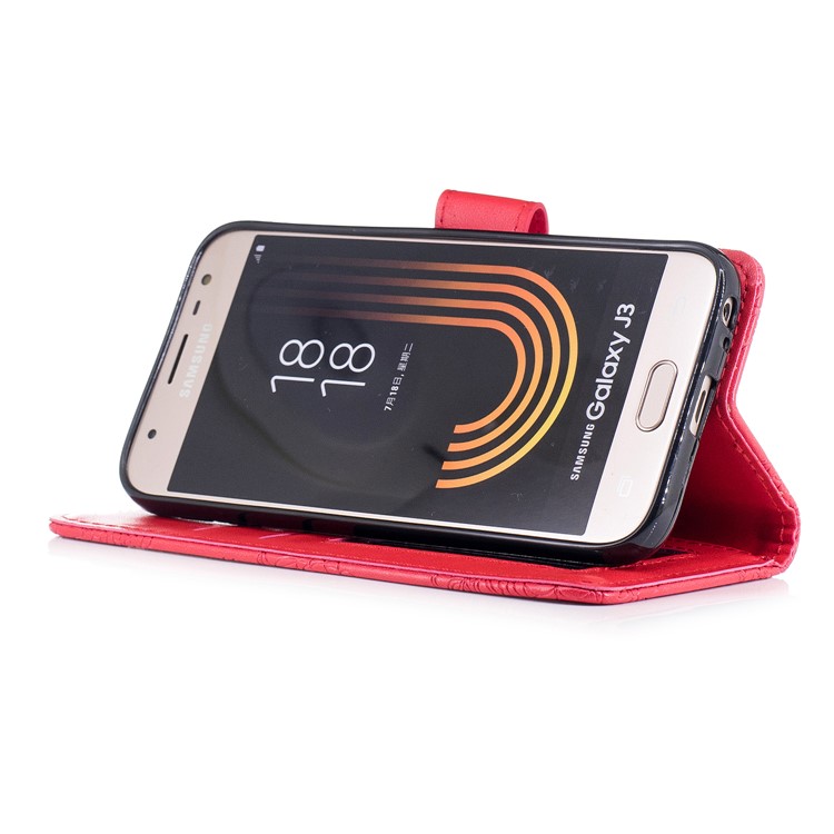 Imprint Flower Pattern Leather Wallet Stand Phone Cover for Samsung Galaxy J3 (2017) EU Version / J3 Pro (2017) - Red-4