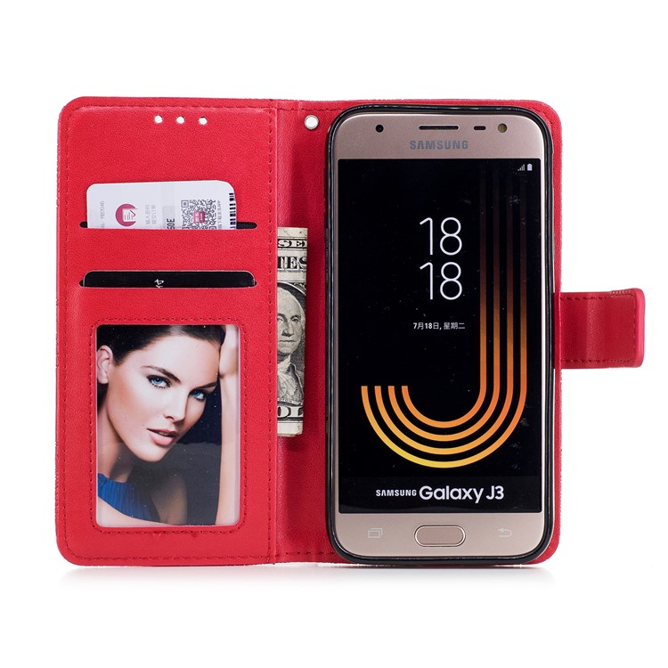 Imprint Flower Pattern Leather Wallet Stand Phone Cover for Samsung Galaxy J3 (2017) EU Version / J3 Pro (2017) - Red-7