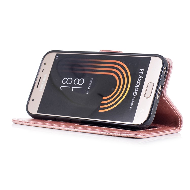 Imprint Flower Pattern Leather Wallet Phone Shell with Stand for Samsung Galaxy J3 (2017) EU Version / J3 Pro (2017) - Rose Gold-4