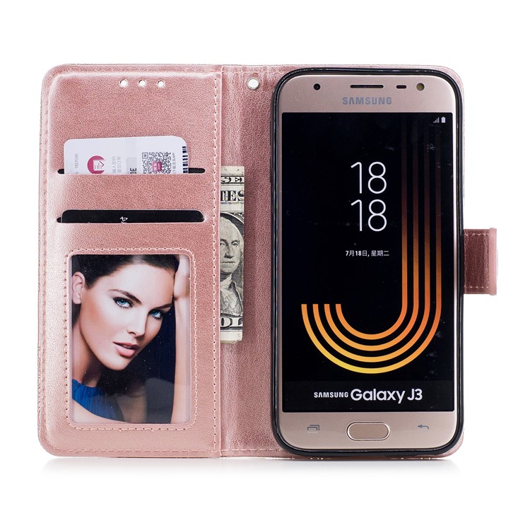 Imprint Flower Pattern Leather Wallet Phone Shell with Stand for Samsung Galaxy J3 (2017) EU Version / J3 Pro (2017) - Rose Gold-7