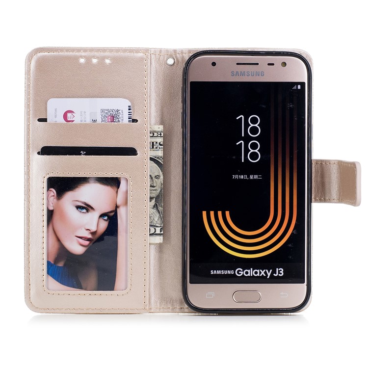 Imprint Flower Pattern PU Leather Mobile Phone Case for Samsung Galaxy J3 (2017) EU Version / J3 Pro (2017) - Gold-7