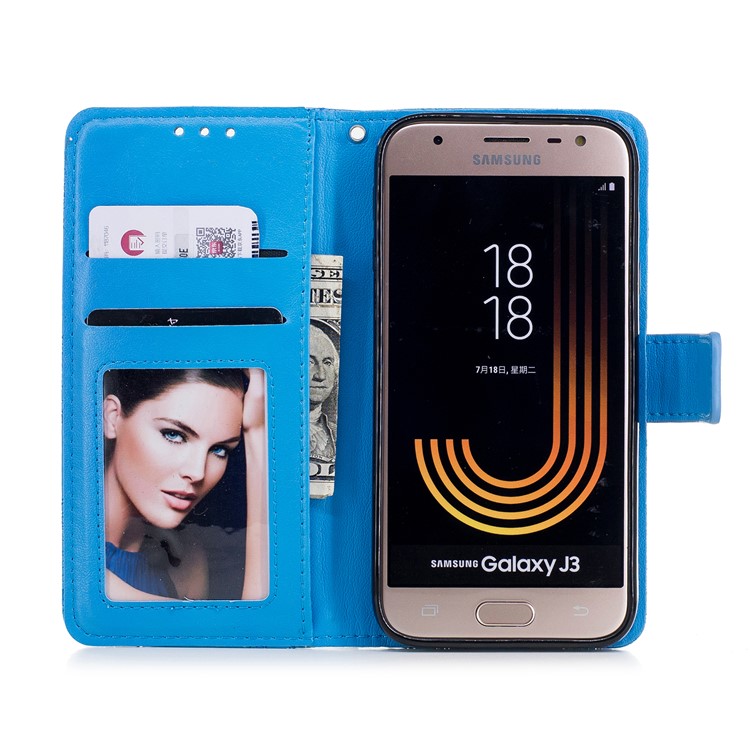 Imprint Flower Pattern Wallet Leather Stand Phone Casing for Samsung Galaxy J3 (2017) EU Version / J3 Pro (2017) - Blue-7